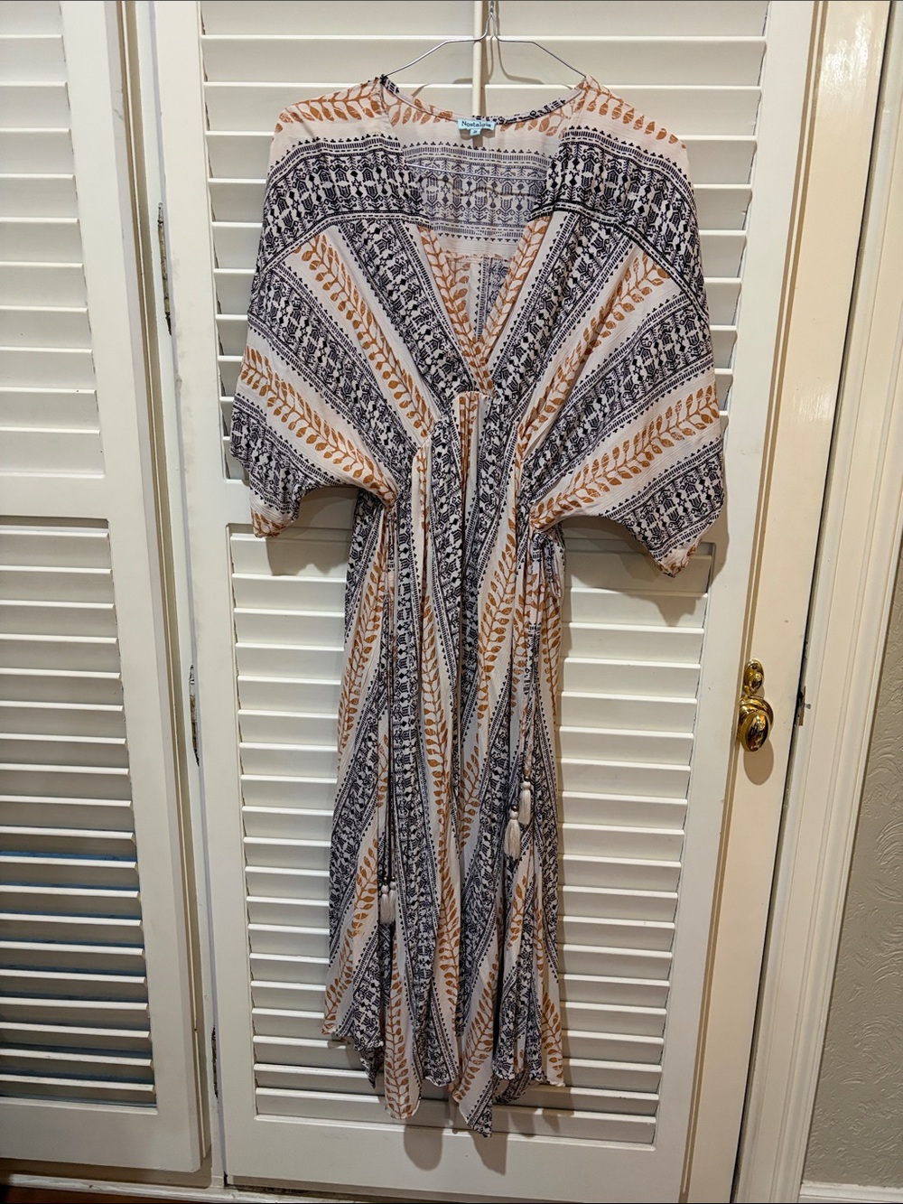 Nostalgia Cream Dress with Black and Mustard Leaf Stripe Print. Size Small NWOT